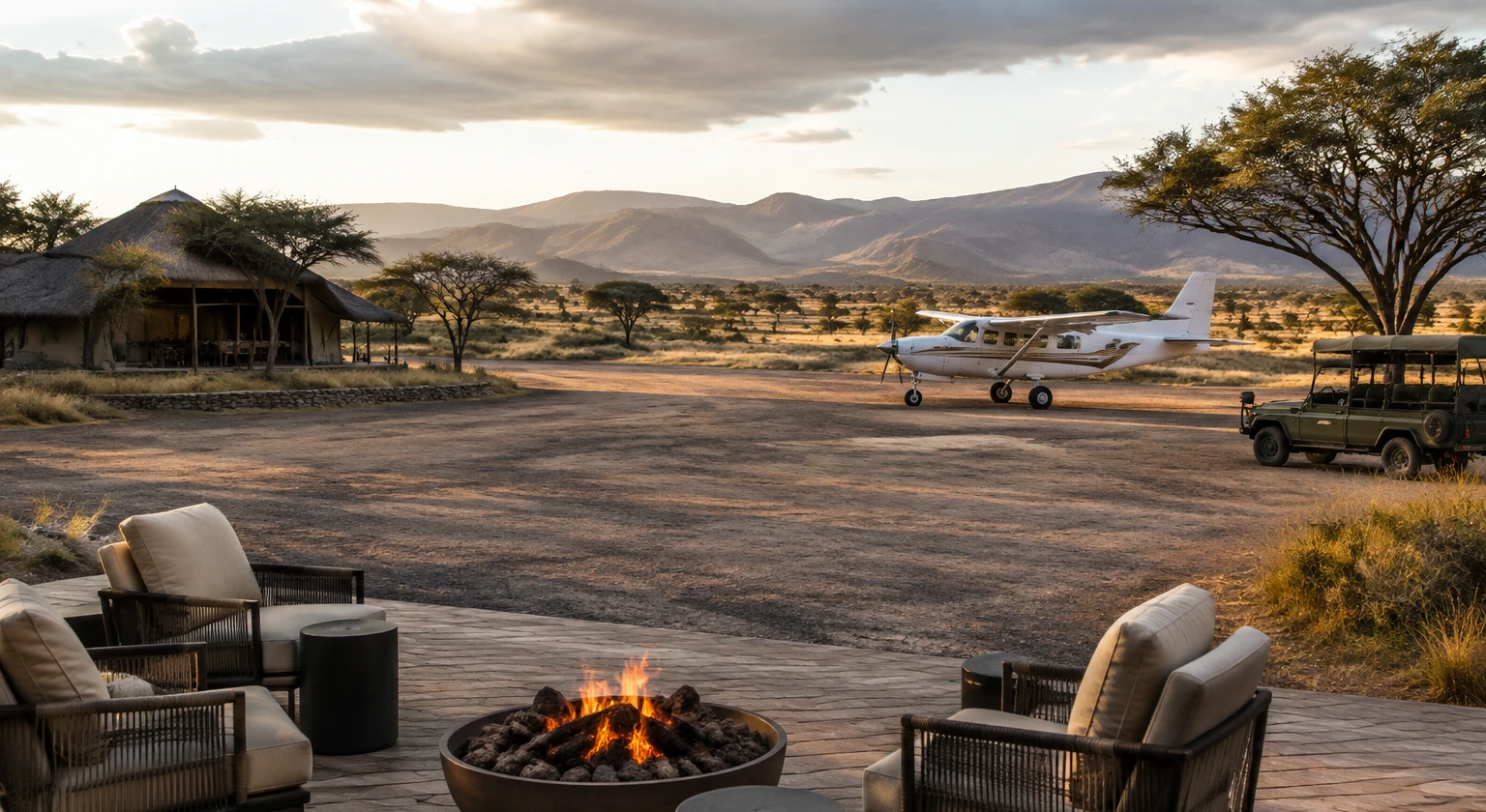 Photorealistic illustration for luxury safari lodges africa: setting and arrival