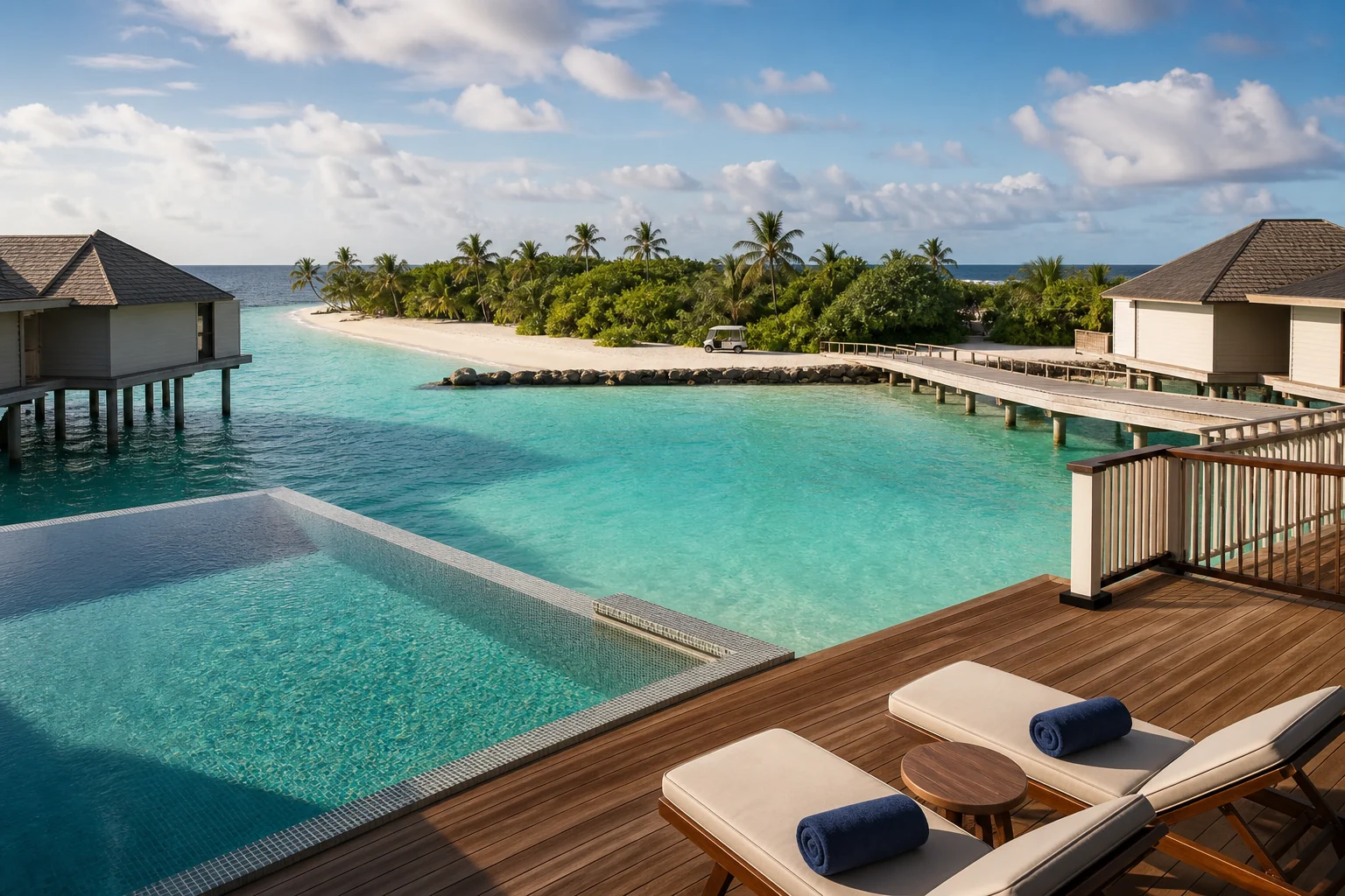 Fictional Maldives residence with private pool, neighbours, jetty and service route