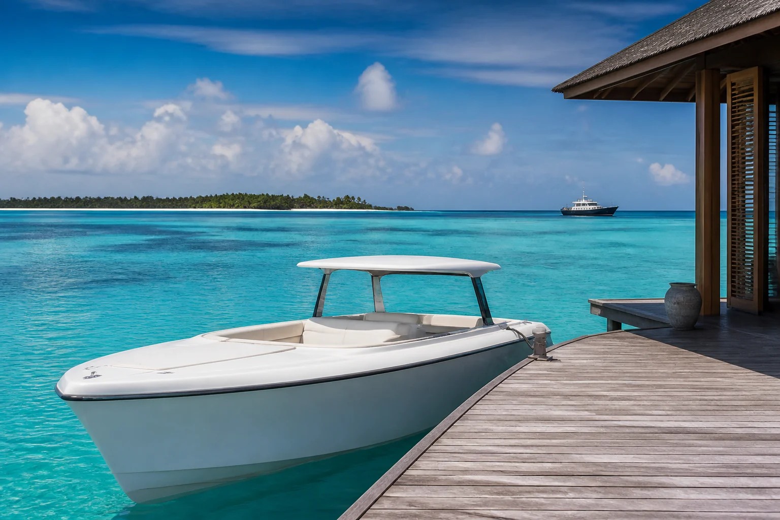 Fictional boat-only Maldives residence with the main island visible