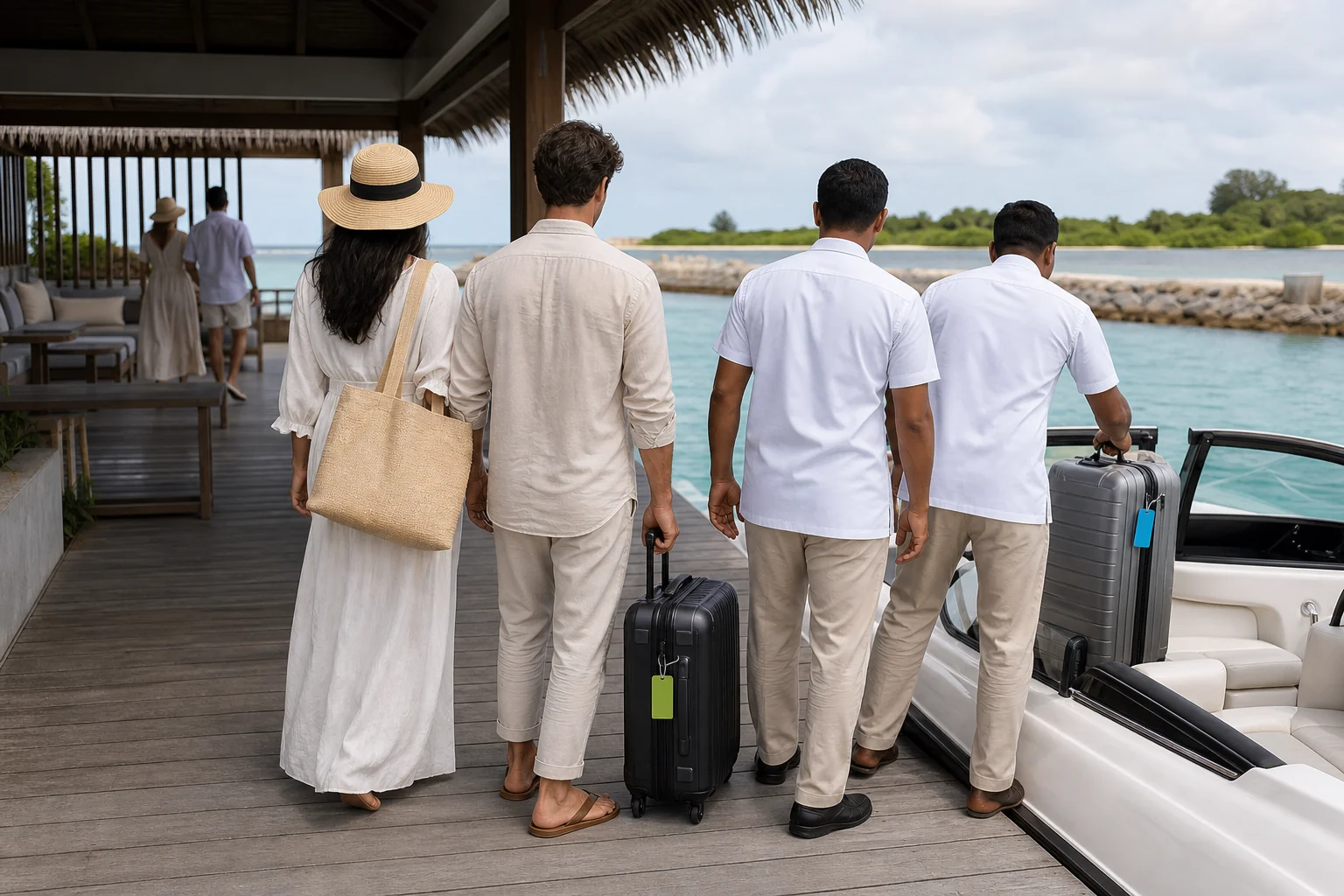 Fictional luggage handover at a shared Maldives transfer jetty