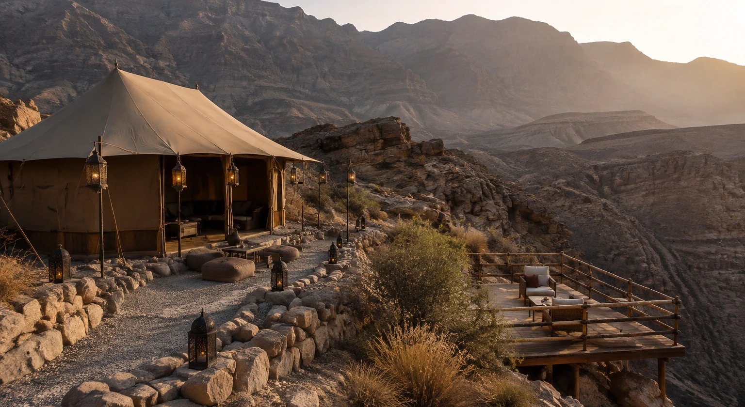 Photorealistic illustration for oman desert camp mountain hotel: accommodation and physical layout