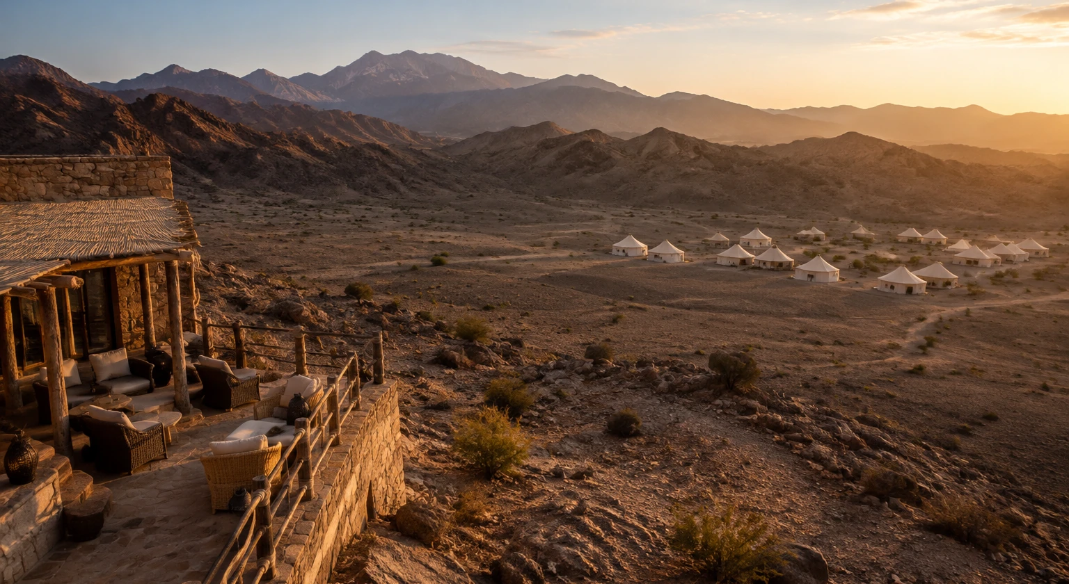 Photorealistic illustration for oman desert camp mountain hotel: signature experience