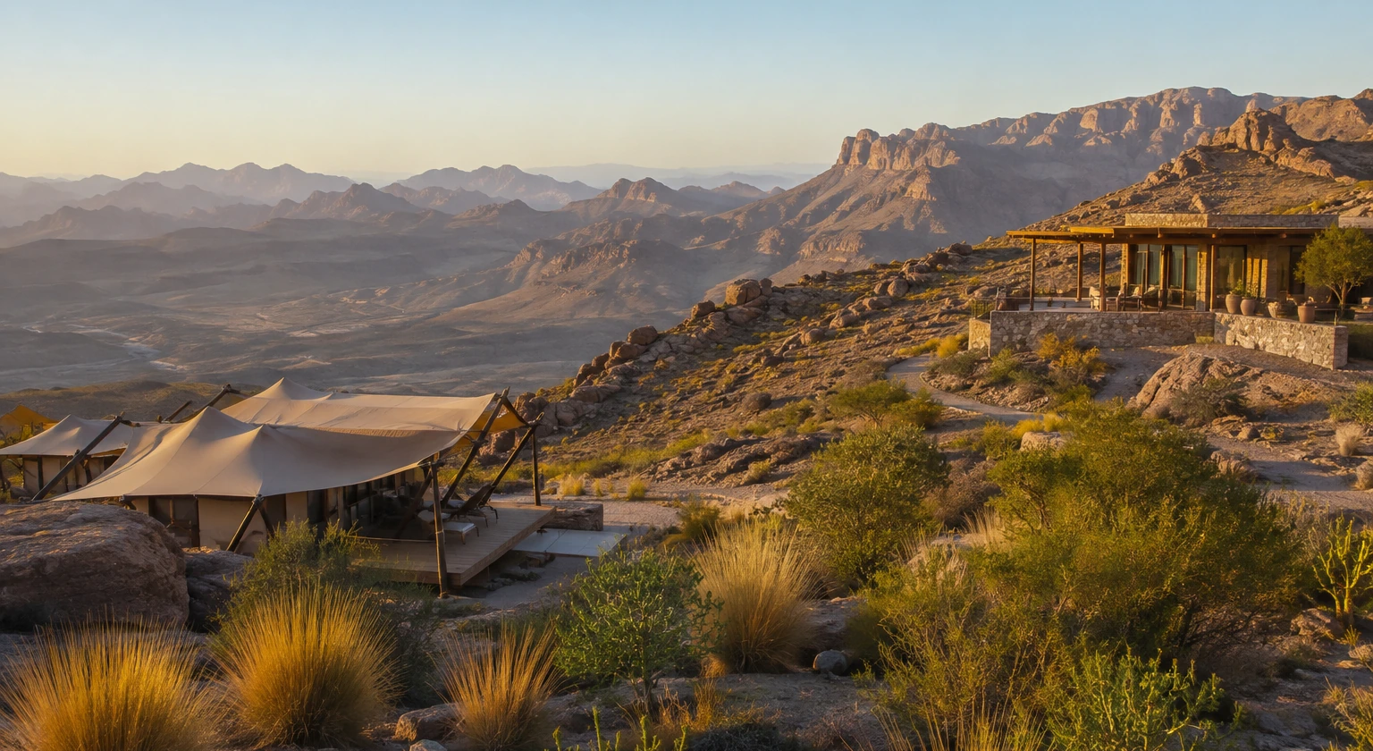 Photorealistic illustration for oman desert camp mountain hotel: reality-check detail